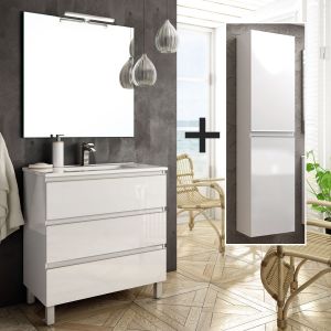 Ensemble meuble de salle de bain 100cm simple vasque + colonne de rangement - blanc - PALMA