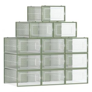 Songmics Boîtes à Chaussures, Lot de 18, Rangement Chaussures, Pliable, pour Pointure jusqu’à 44, Transparent et Vert Olive LSP18SG30