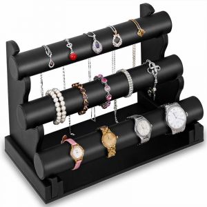 Deuba Porte-bijoux Bracelet Montre 3 Etages - couleur noire aspect cuir
