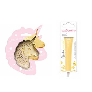 Kit pour biscuit en relief Licorne + Stylo au chocolat jaune pastel
