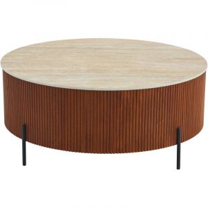 Table Basse RUBY – Ø100 cm – Céramique Effet Travertin – Pied Métal