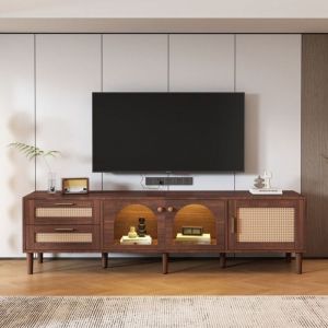 Meuble TV &Eacute;l&eacute;gant 180 cm - Storage Moderne avec Portes en Verre, Tiroirs en Rotin & &Eacute;clairage LED 16 Couleurs Pour TV jusqu'&agrave; 80"