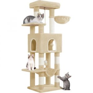 Arbre &agrave; Chat Hauteur 149 cm, Tour de Jeux pour Chats, Griffoir avec Grandes Plateformes, 5 Poteaux &agrave; Griffer, 3 Pompons, 1 Hamac, 1 Niche,