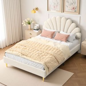 Lit double 140x190 cm - TANANT - Lit princesse - T&ecirc;te de lit rembourr&eacute;e - Velours beige - Design moderne