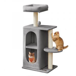 Feandrea - Arbre &agrave; Chat avec 2 Grottes, Poteaux &agrave; Griffer, pour les Foyers Multi-Chats, Gris Clair
