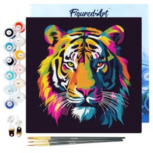 Figured'Art Mini Peinture par Numéro Adulte 20x20cm avec cadre Tigre Abstrait Pop Art - Petit Format Kit de Loisir Créatif DIY Numéro d'Art Complet