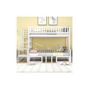 Image de Lit superposé 90x200 enfant avec escalier, table réglable et canapé, en bois de pin, blanc