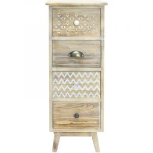 Chiffonnier étroit sculpté à 4 tiroirs en bois blanc et brun