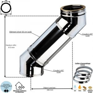 Edilinox - Ensemble d&eacute;voiement 2 x coudes 45 degr&eacute;s + 1 x 50 cm conduit double paroi isol&eacute; Ediliso25 Diam&egrave;tre 150