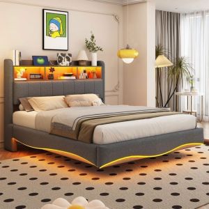 Lit 140x190 - Lin gris - T&ecirc;te de lit avec USB et LED - Cadre de Lit avec Sommier &agrave; Lattes en Bois - 2 personnes