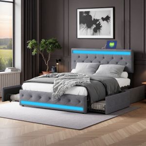Lit adulte 140x200 cm - tissu en lin - LED ET 4 Tiroirs - cadre de lit 140x200 cm - Gris