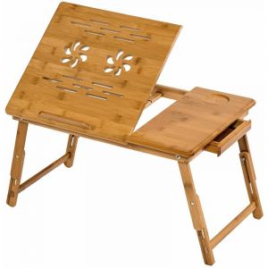 TecTake Table de lit pour ordinateur Tablette Liseuse en bambou réglable en hauteur inclinable & pliable 55 x 35 x 26 cm