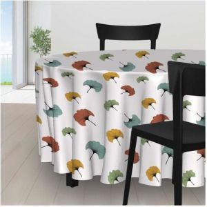 Soleil d'Ocre Nappe ronde anti-t&acirc;ches diam&egrave;tre 180 cm GINKGO, par