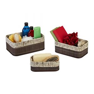 Relaxdays Panier de rangement bambou et tissu, lot de 3, corbeilles salle de bain, 3 tailles différentes, marron/beige