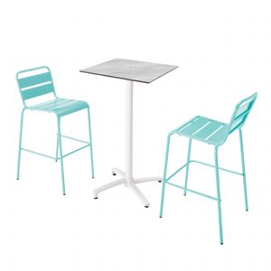 Oviala Ensemble table haute stratifié marbre et 2 chaises hautes turquoise