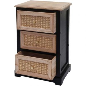 D&eacute;coshop26 Commode meuble de rangement avec 3 tiroirs en bois noir et rotin 63x40x28 cm 040006510