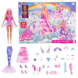 Mattel Calendrier de l’Avent, coffret avec une poupée et 24 accessoires surprises, dont une licorne et des animaux.La poupée se transforme en Sirène, Fée et bien plus encore,JFL66