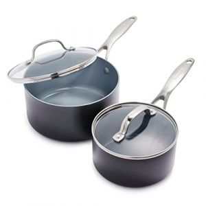Greenpan Valencia Pro Casseroles 16 cm et 20 cm en céramique anodisée dure antiadhésive, 2 pièces, sans PFAS, induction, lave-vaisselle, four, gris