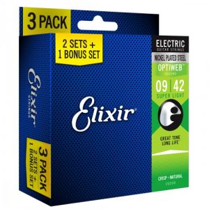 Image de Elixir 16550 Jeu de cordes en acier plaqué nickel Cordes pour guitare électrique avec revêtement Optiweb, Lot de 3 Pièces