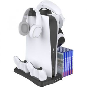 Supertech Socle pour Playstation 5 avec refroidissement, socle de charge pour manettes, emplacement pour les boites de jeux et repose casque