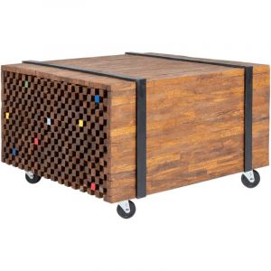 Décoshop26 Table d'appoint table basse sur roulettes en teck marron et multicolor 60 x 60 x 38 cm DEC032435