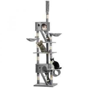 Image de Pawhut Arbre à chat du sol au plafond - réglable en hauteur de 240-260 cm - plusieurs niveaux - avec griffoirs niches - gris