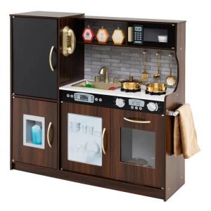 COSTWAY Cuisine Enfants 3 - 6 Ans en Bois avec Téléphone, Tableau Noir, Micro-ondes, Machine de Glaçons, 7 Accessoires Marron