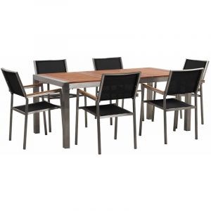 Beliani Table de jardin plateau bois eucalyptus 180 cm et 6 chaises noires GROSSETO