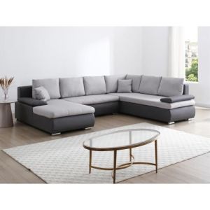 Image de Canap&eacute; d'angle gauche panoramique convertible en simili et tissu noir et gris dakota ii