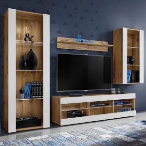 Ensembles de meubles Tivoli Medio, Wotan/Blanc, Largeur 220cm x Hauteur 159cm x Profondeur 35cm, sans led, pour Salon, Chambre - Komodee