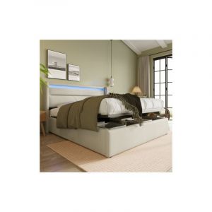 Lit double avec coffre de rangement hydraulique et LED, lit rembourré 140x200, blanc