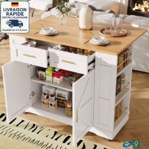 MODFU - Desserte de cuisine à roulettes, buffet, meuble de rangement, 2 portes et 2 tiroirs, MDF, 120 x 40/65 x 90 cm, blanc