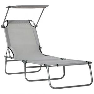 Outsunny Transat bain de soleil pliable grand confort dossier et pare-soleil r&eacute;glable multi-positions gris clair