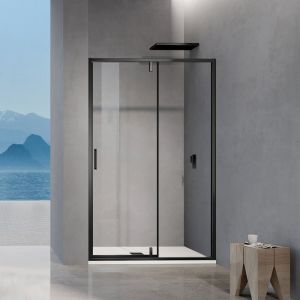 Porte de douche pivotante avec élément fixe et cadre en aluminium noir mat 140x195 - Grand Verre