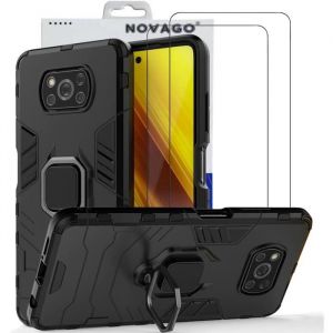 Novago Compatible avec Xiaomi Poco X3 NFC, Poco X3 et Poco X3 Pro -Coque Résistante avec Anneau Anti Chute + 2 Films Protection écran Verre trempé résistant