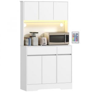 Homcom Buffet haut armoire cuisine design led 6 portes 4 étagères 2 tiroirs grand plateau blanc