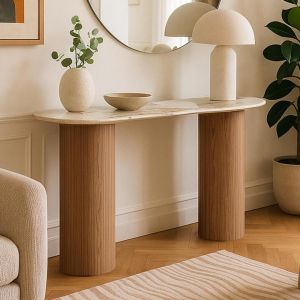 Console moderne pieds colonnes Eglantine Bois et Céramique Effet marbre Blanc