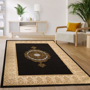 Paco Home Tapis Salon Chambre Vintage Oriental Motif Abstrait Noir Or 240x340 cm
