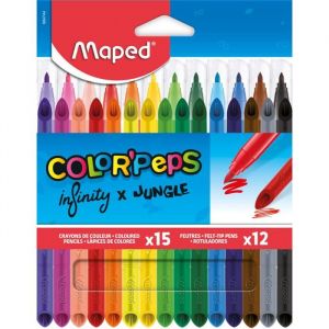 Image de Maped Combo Pack Color'Peps - 15 Crayons de couleur Infinity + 12 Feutres Lavables et Résistants au séchage - Pointe moyenne bloquée - Couleurs Vives - Pochette carton