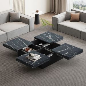 Table basse 90x90x25cm aspect marbre panneau de particules design moderne noir