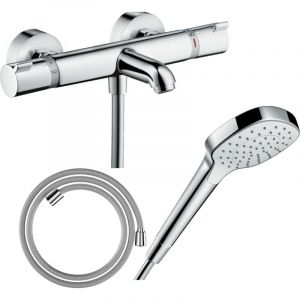 Hansgrohe Pack mitigeur bain douche thermostatique Ecostat Comfort + Flexible Designflex 160 cm + Pommeau de douche Croma Select E EcoSmart