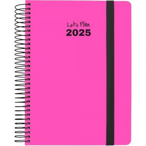 Grafoplas Agenda 2025 un jour par page fluo Rose fluo Format 15 x 21 cm Couverture rigide doublée papier finition brillante Fermeture élastique Coins arrondis Avec autocollants