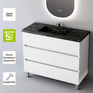 Sanizeo Meuble de salle de bain plan vasque Grès Cérame Noir Allure, 3 Tiroirs,l60xh90xp45, Laqué Blanc Brillant, atrani