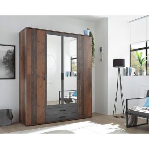 Image de loftscape Armoire Ellis avec 4 portes, dont 2 avec un miroir, et 2 tiroirs. L'armoire est fabriquée en panneaux de particules dans un décor...