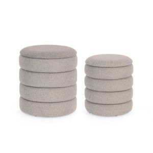 Hellin Lot de 2 poufs rond 33,5 et 40 cm en tissu bouclette gris - SHERPA