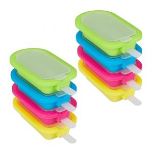 Relaxdays Moules à Glace, Lot de 8, avec bâtonnes et Couvercle, Moule Sucette glacée, Silicone, Glaces, Multicolore