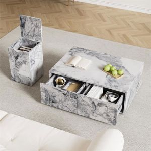 Lot de 2 table basse fixe, table basse modulaire effet marbre avec table d'appoint de canapé et balcon, blanc