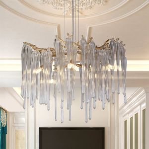 Searchlight Heritage Lustre 5L Convertible Plaf Métal Doré mat, goutte de verre G9 5x33w Max CL1 diam50cm haut 1m