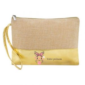 Trousse de maquillage Taperso en jute dore personnalisable motif lapin a noeud et lunettes