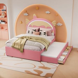Wishdor - Lit enfant double 140 x 200 cm en forme de licorne de dessin animé avec lit gigogne, rose